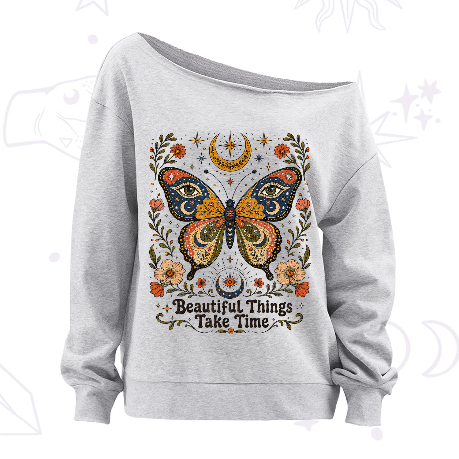 Purplehecate Beautiful Things Take Time Butterfly Off The Shoulder Sweatshirt