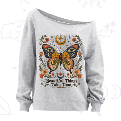 Purplehecate Beautiful Things Take Time Butterfly Off The Shoulder Sweatshirt