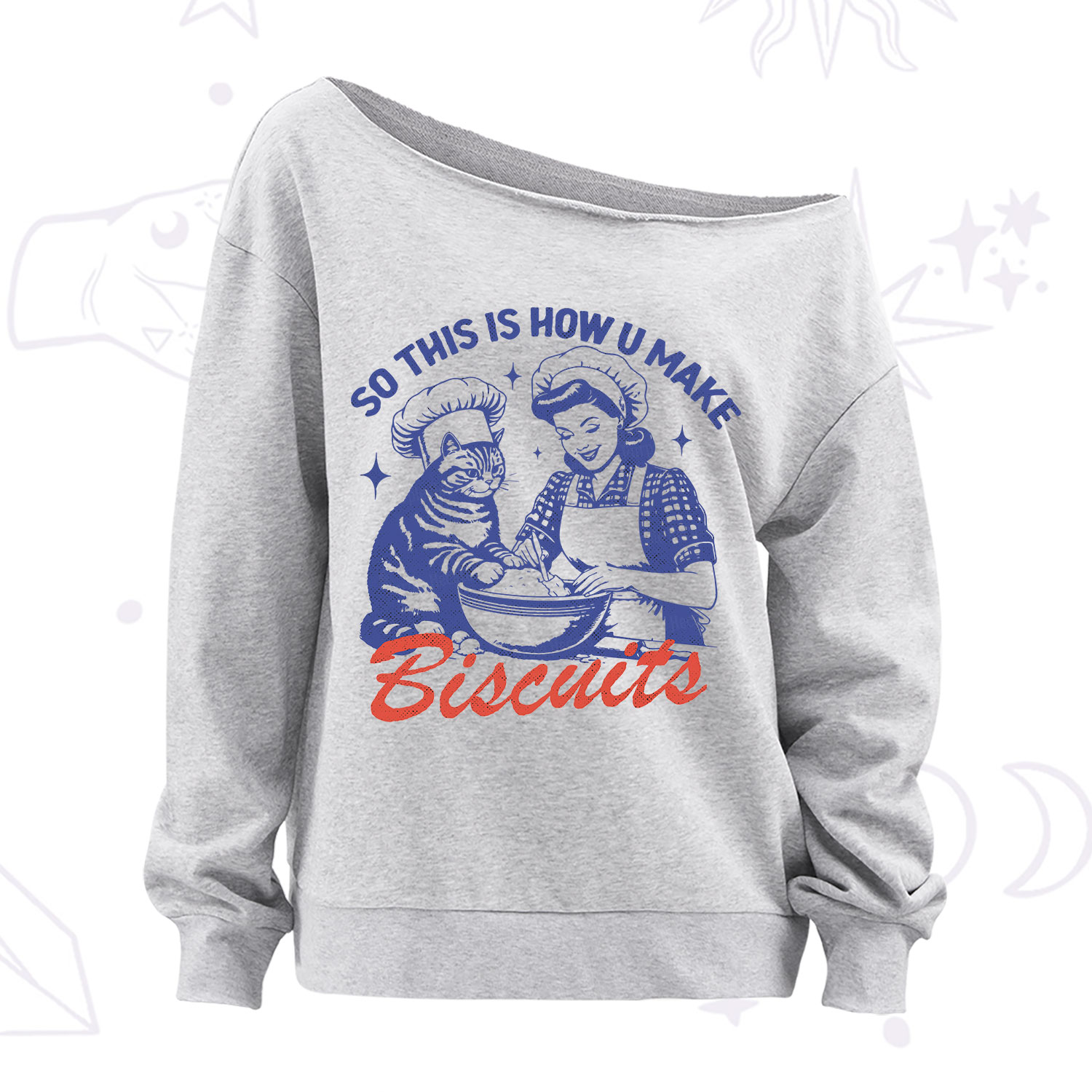 Purplehecate Funny Cat Baking Biscuits Off The Shoulder Sweatshirt