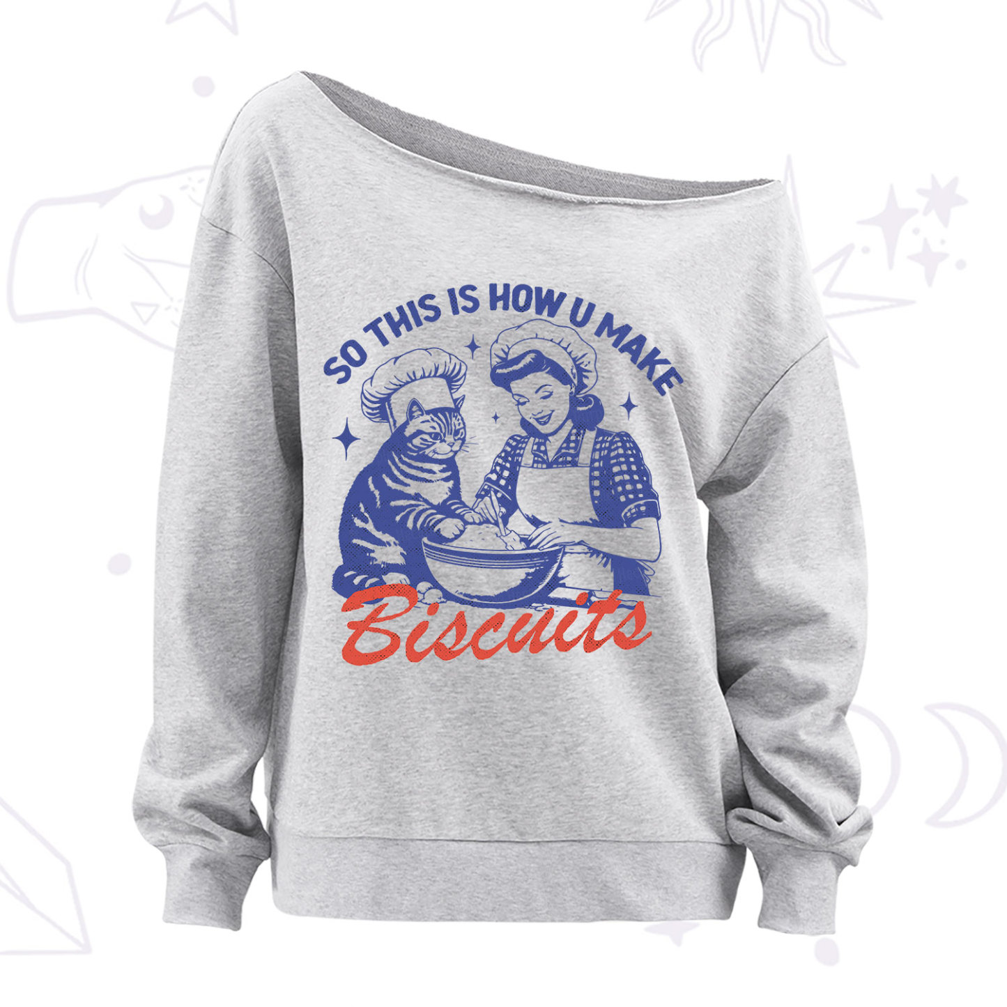 Purplehecate Funny Cat Baking Biscuits Off The Shoulder Sweatshirt