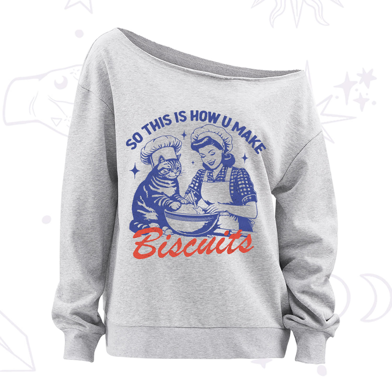 Purplehecate Funny Cat Baking Biscuits Off The Shoulder Sweatshirt