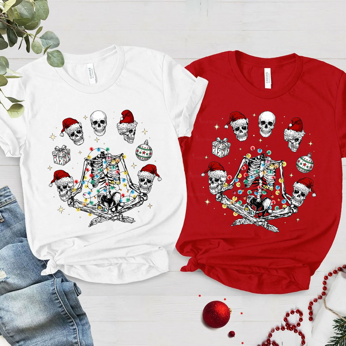 Purplehecate Skeleton Heads Christmas Couple T-Shirts