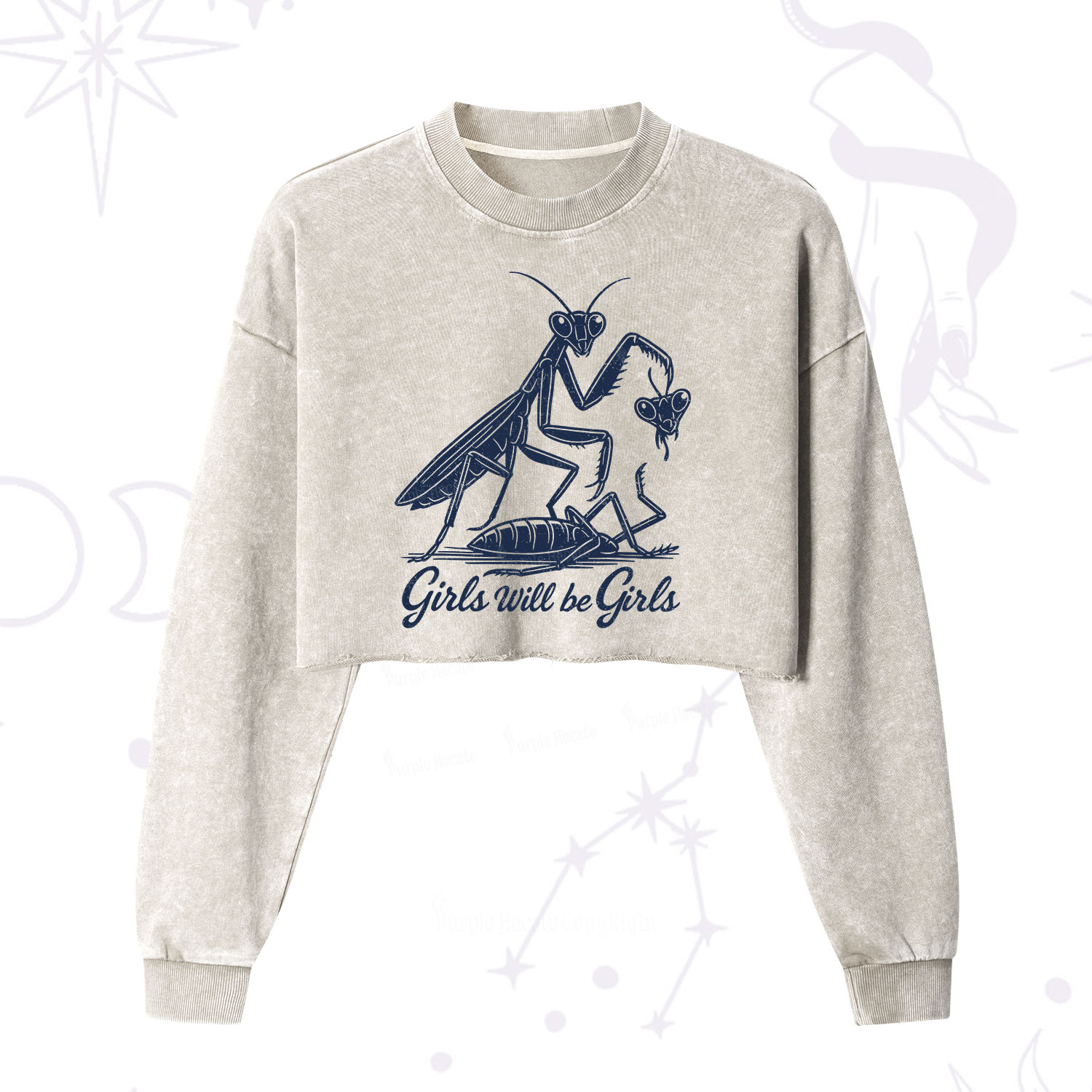 Purplehecate Girls Will Be Girls Praying Mantis Cropped Washed Sweatshirt