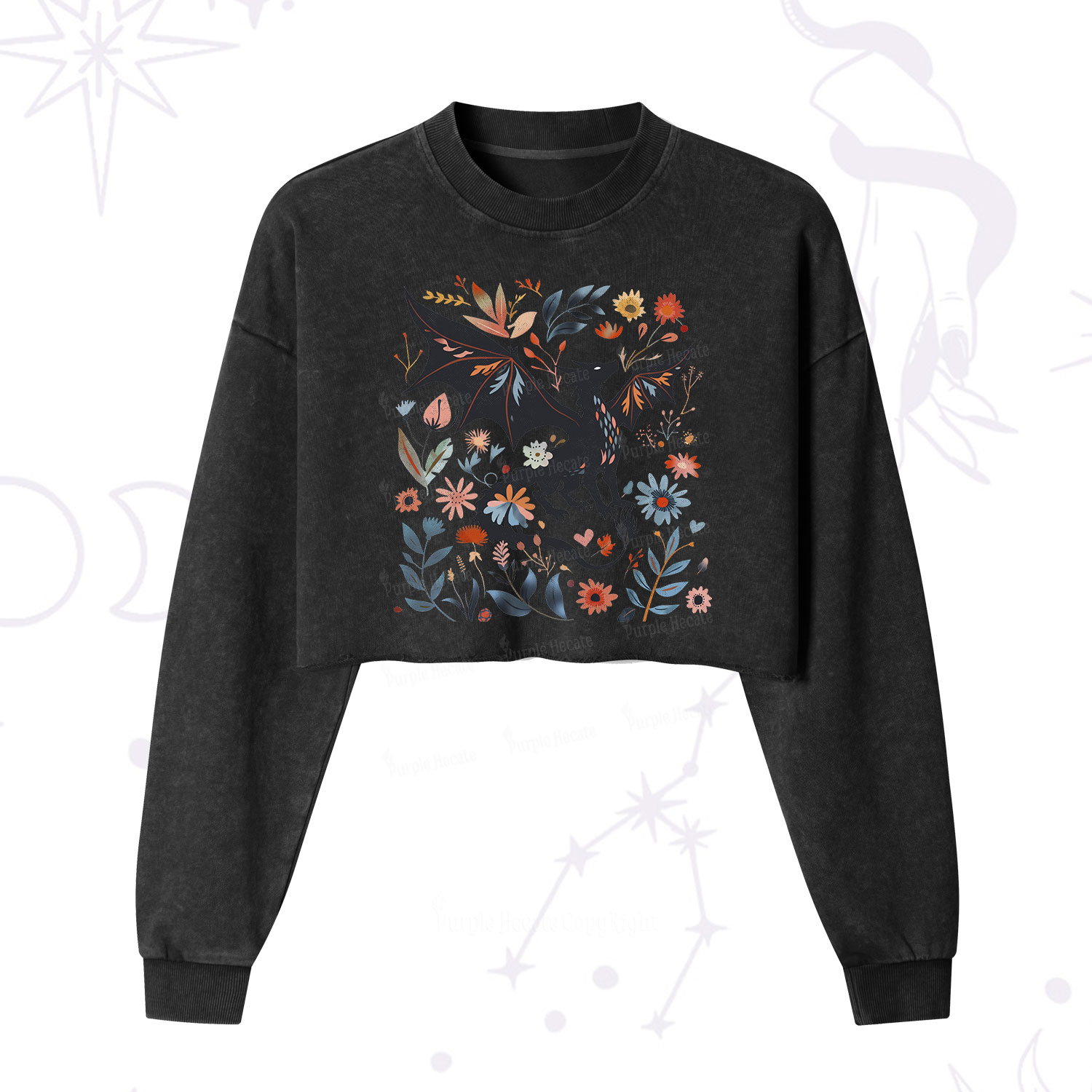 Purplehecate Vintage Fantasy Wyvern Bookish Cropped Washed Sweatshirt