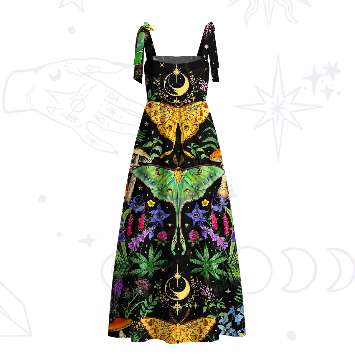 Purplehecate Mystic Lunar Moth Herbal Forest Tie Shoulder Maxi Dress