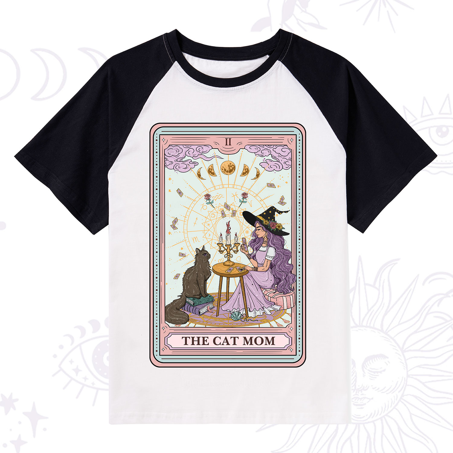 Purplehecate The Cat Witch Mom Tarot Raglan Short Sleeve T‑Shirt