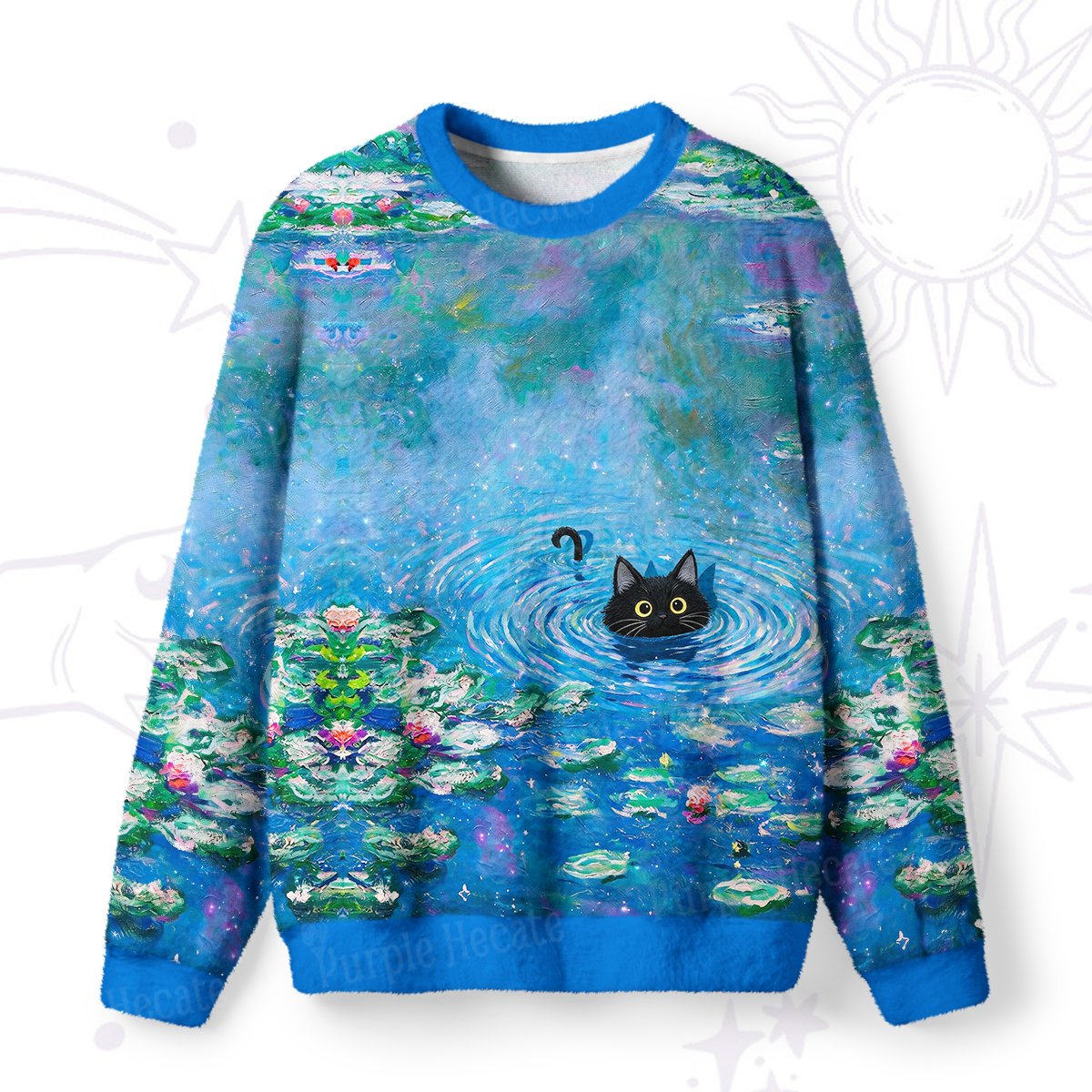 Purplehecate Black Cat in the Water Lilies Fuzzy Ugly Sweatshirt