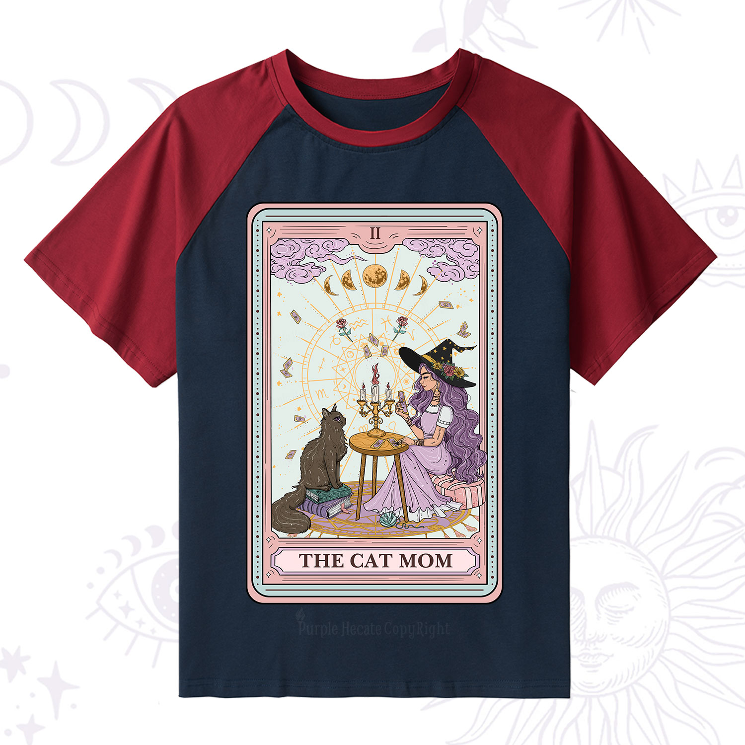 Purplehecate The Cat Witch Mom Tarot Raglan Short Sleeve T‑Shirt