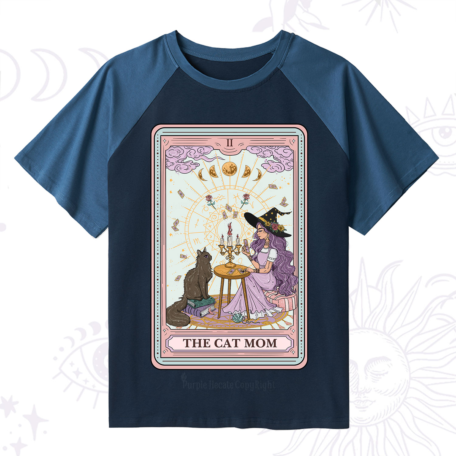 Purplehecate The Cat Witch Mom Tarot Raglan Short Sleeve T‑Shirt