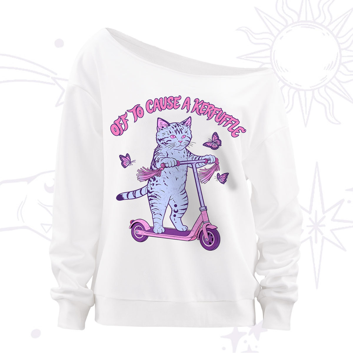 Purplehecate Off To Cause A Kerfuffle Cat Off The Shoulder Sweatshirt