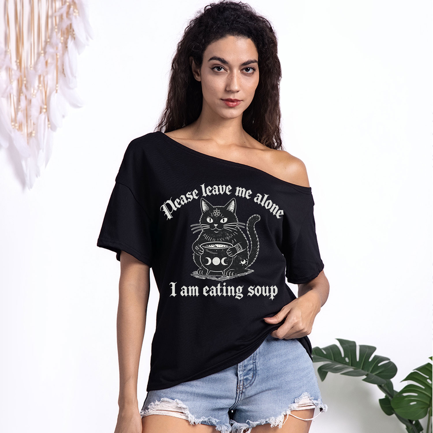 Purplehecate Magic Cat Eating Soup One Shoulder T-Shirt