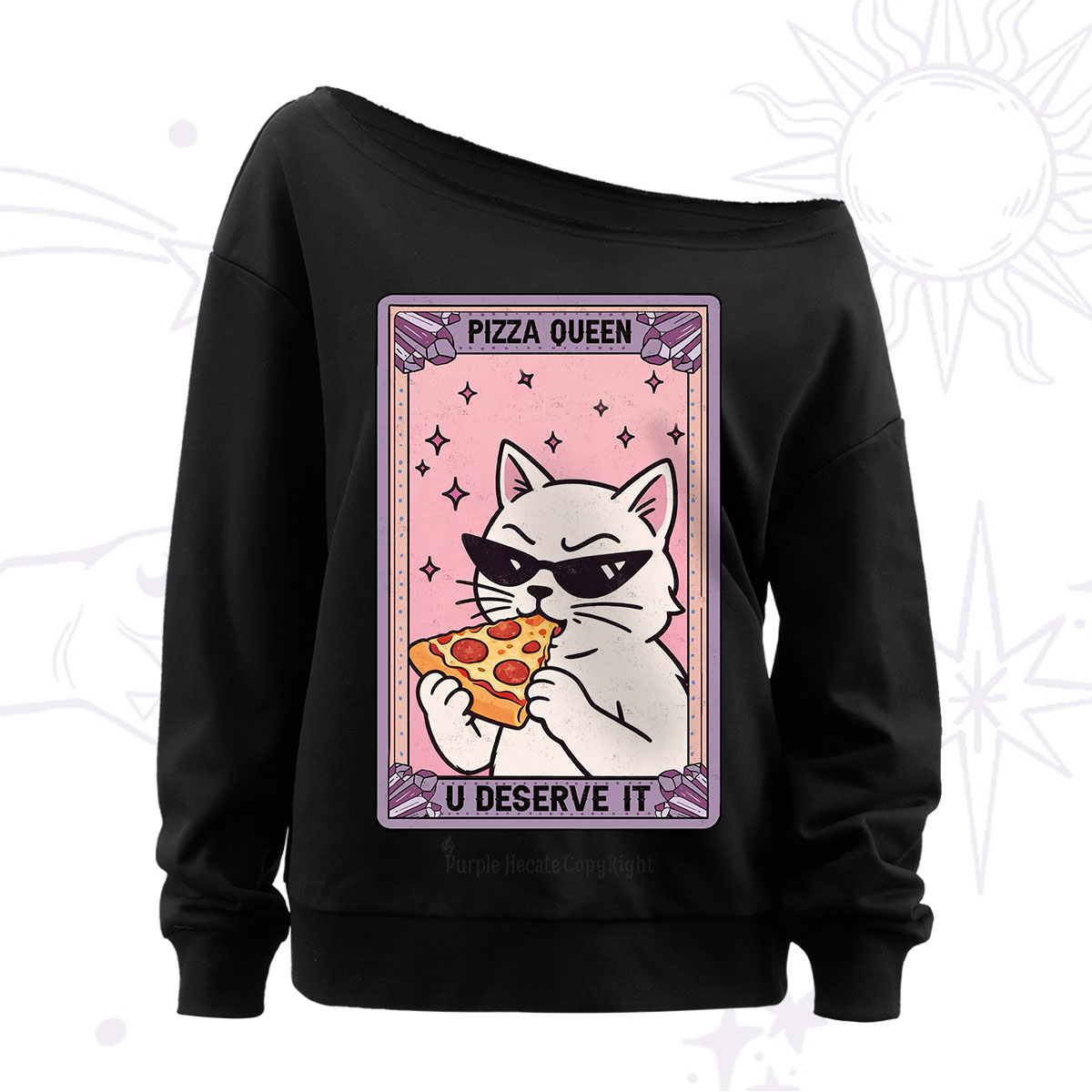 Purplehecate The Pizza Queen Cat Tarot Off The Shoulder Sweatshirt