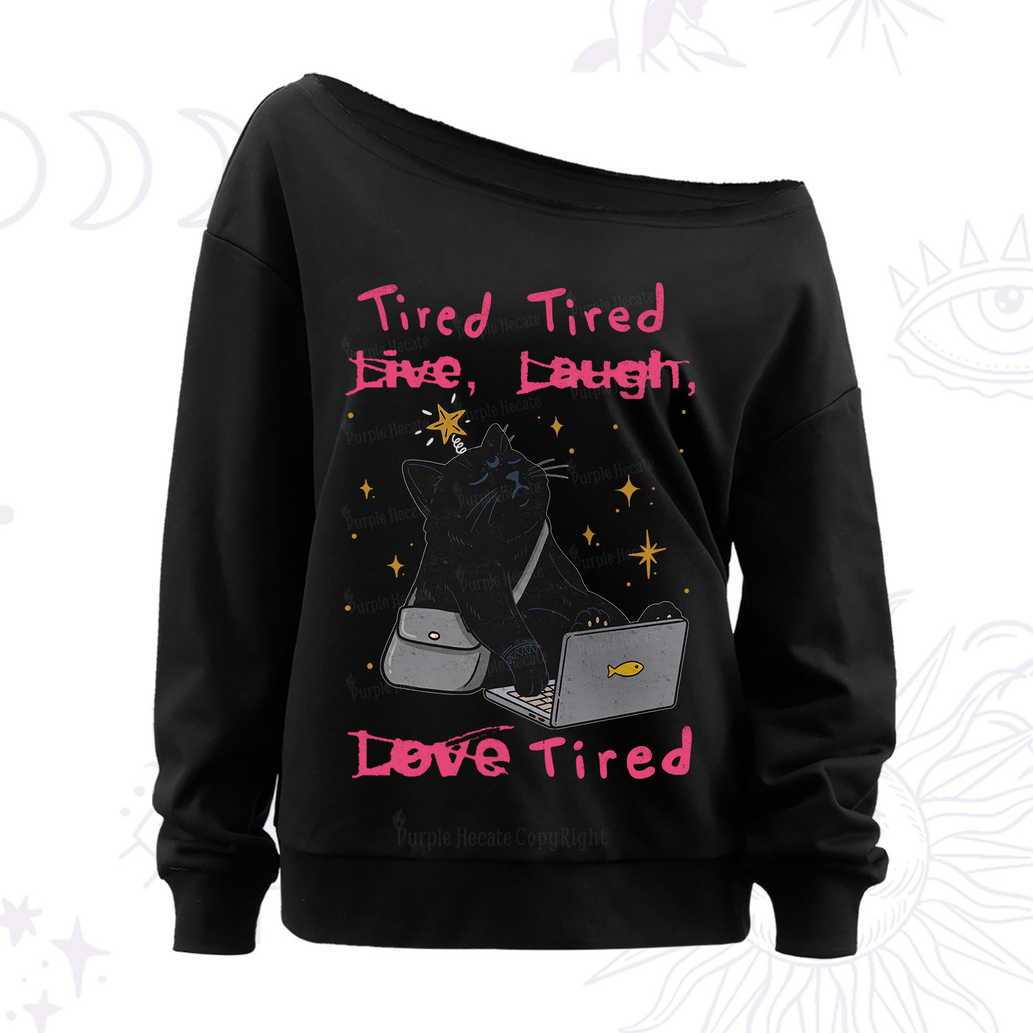 Purplehecate Tired Cat Off The Shoulder Sweat