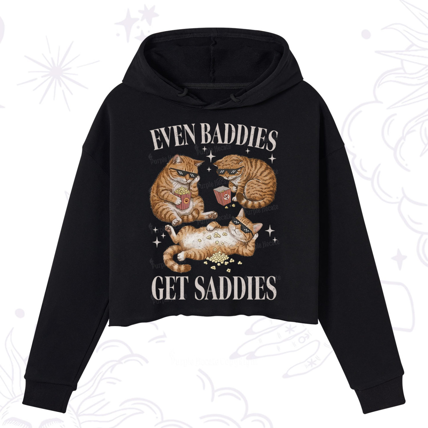 Purplehecate Even Baddies Get Saddies Funny Cat Crop Hoodie