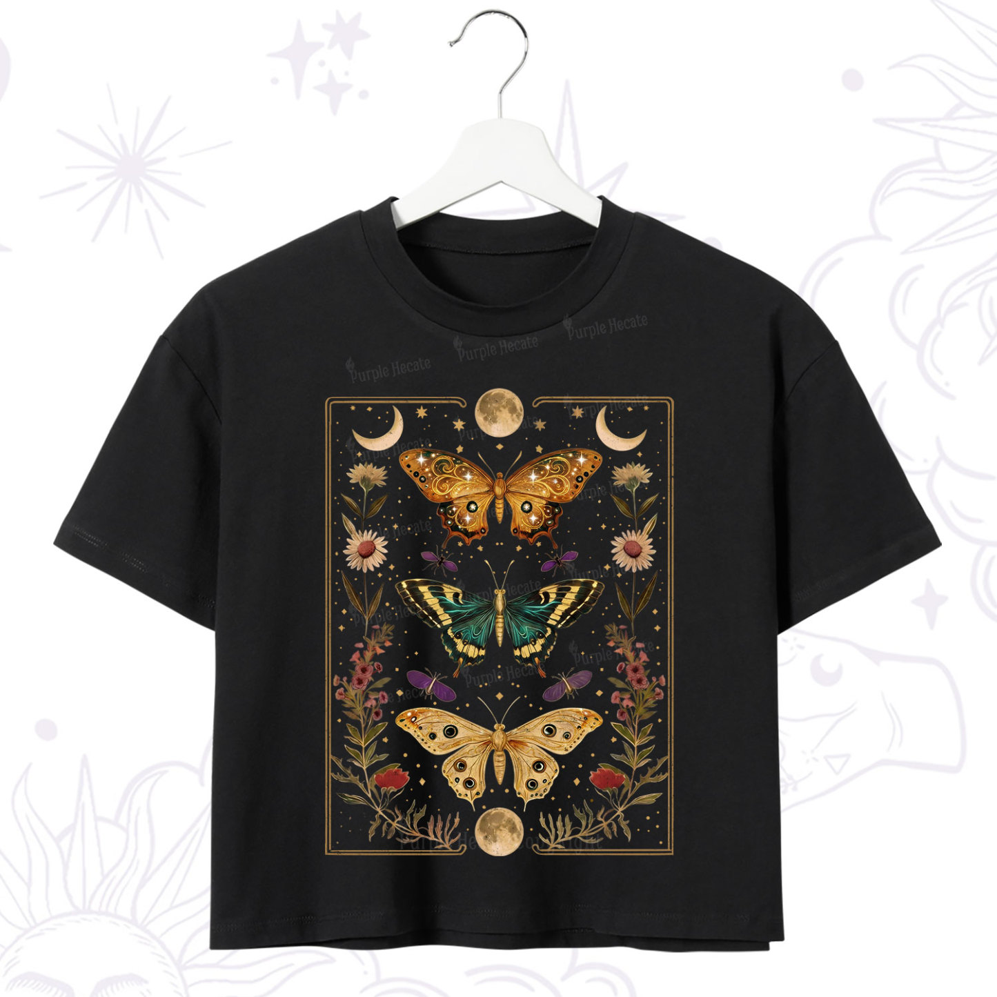 Purplehecate Sun and Moon Butterfly Crop T-Shirt