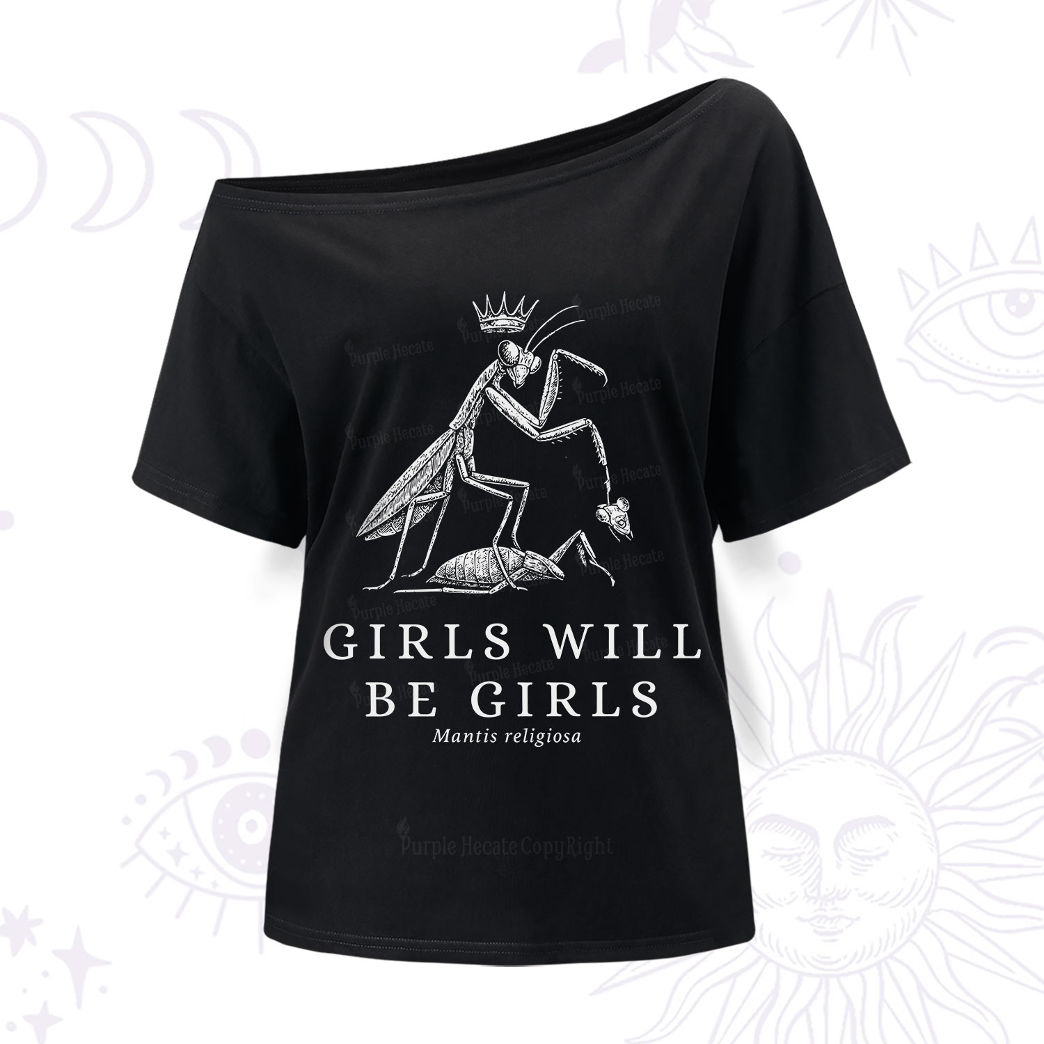 Purplehecate Girls Will Be Girls Funny Praying Mantis One Shoulder T-Shirt