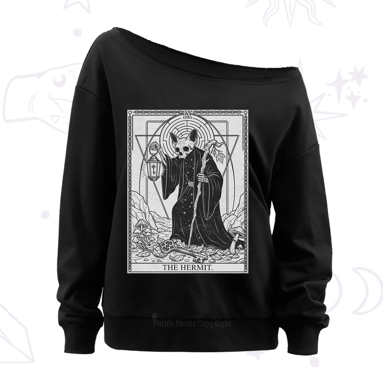 Purplehecate The Hermit Skeleton Cat Tarot Off The Shoulder Sweatshirt