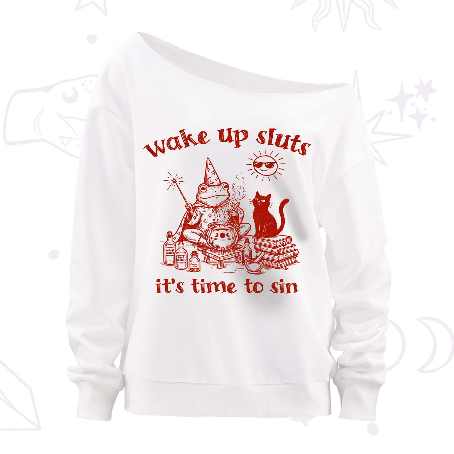 Purplehecate Wake Up Sluts It's Time to Sin Witch Frog Off The Shoulder Sweatshirt