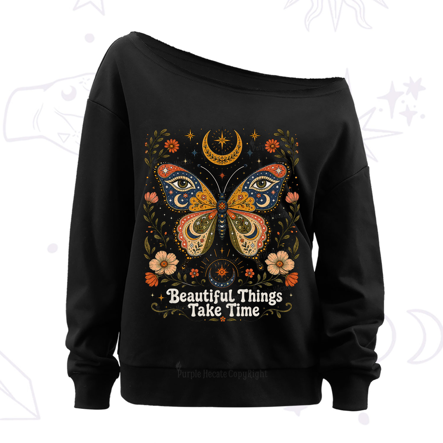 Purplehecate Beautiful Things Take Time Butterfly Off The Shoulder Sweatshirt