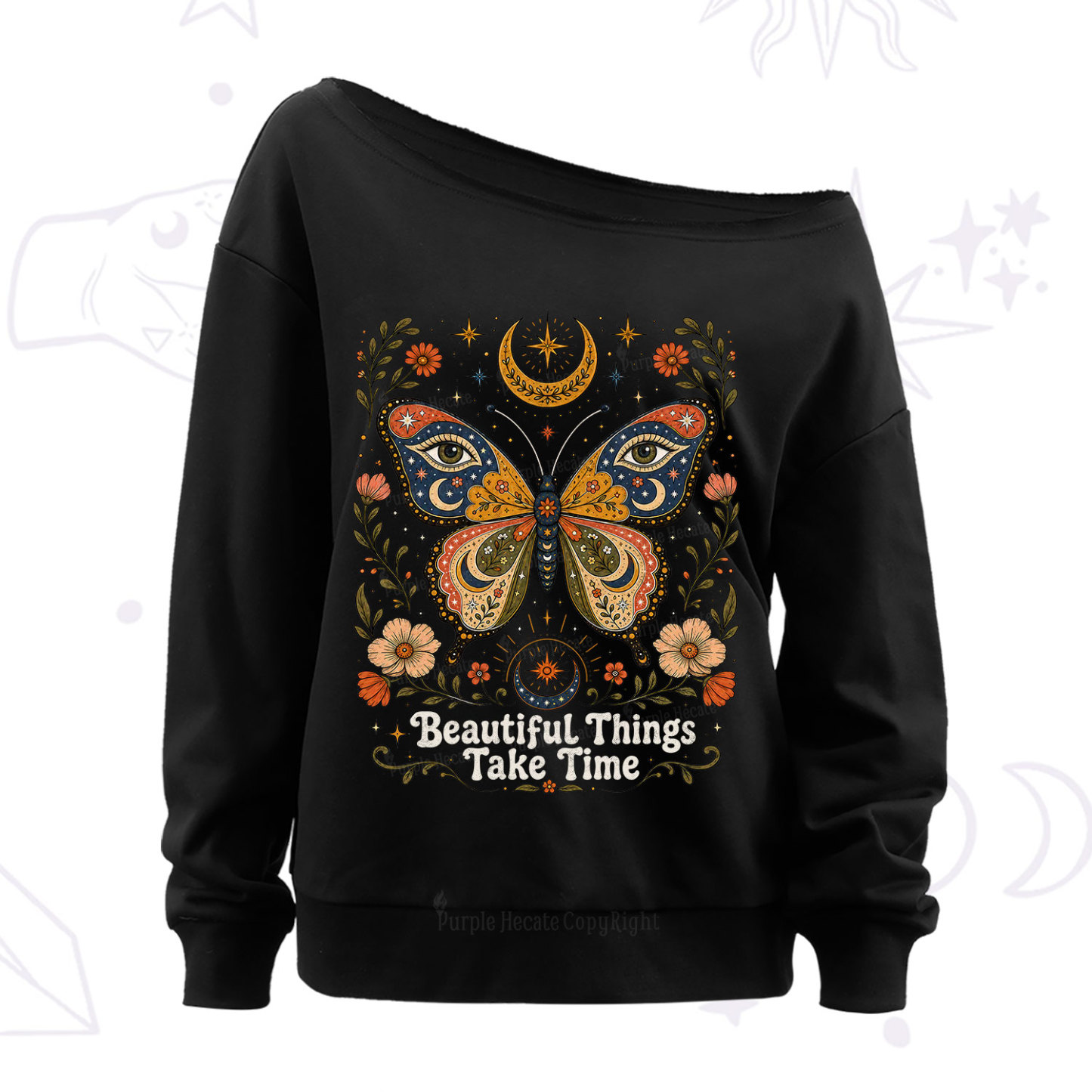 Purplehecate Beautiful Things Take Time Butterfly Off The Shoulder Sweatshirt