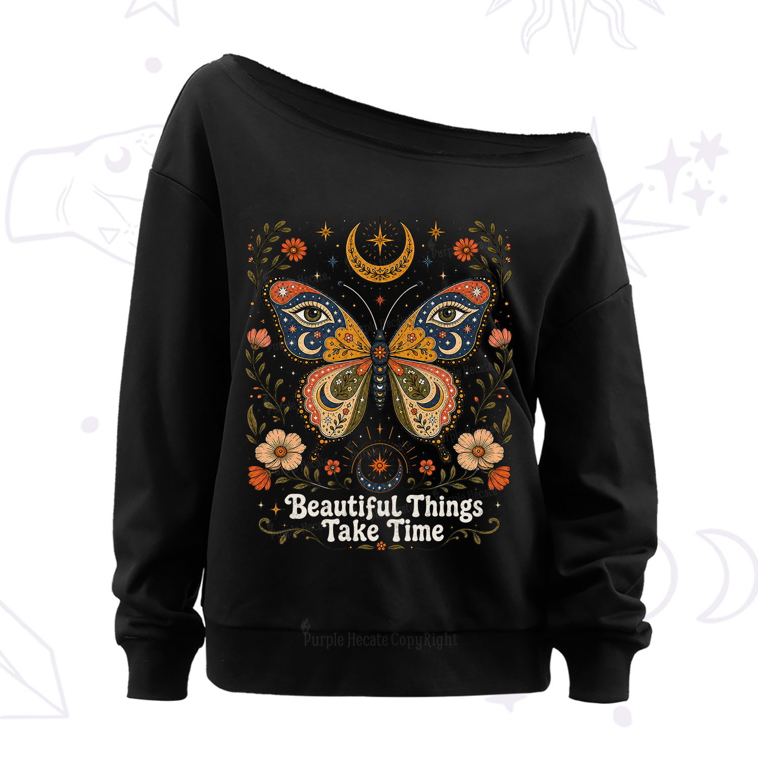 Purplehecate Beautiful Things Take Time Butterfly Off The Shoulder Sweatshirt
