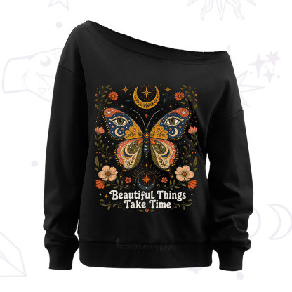 Purplehecate Beautiful Things Take Time Butterfly Off The Shoulder Sweatshirt