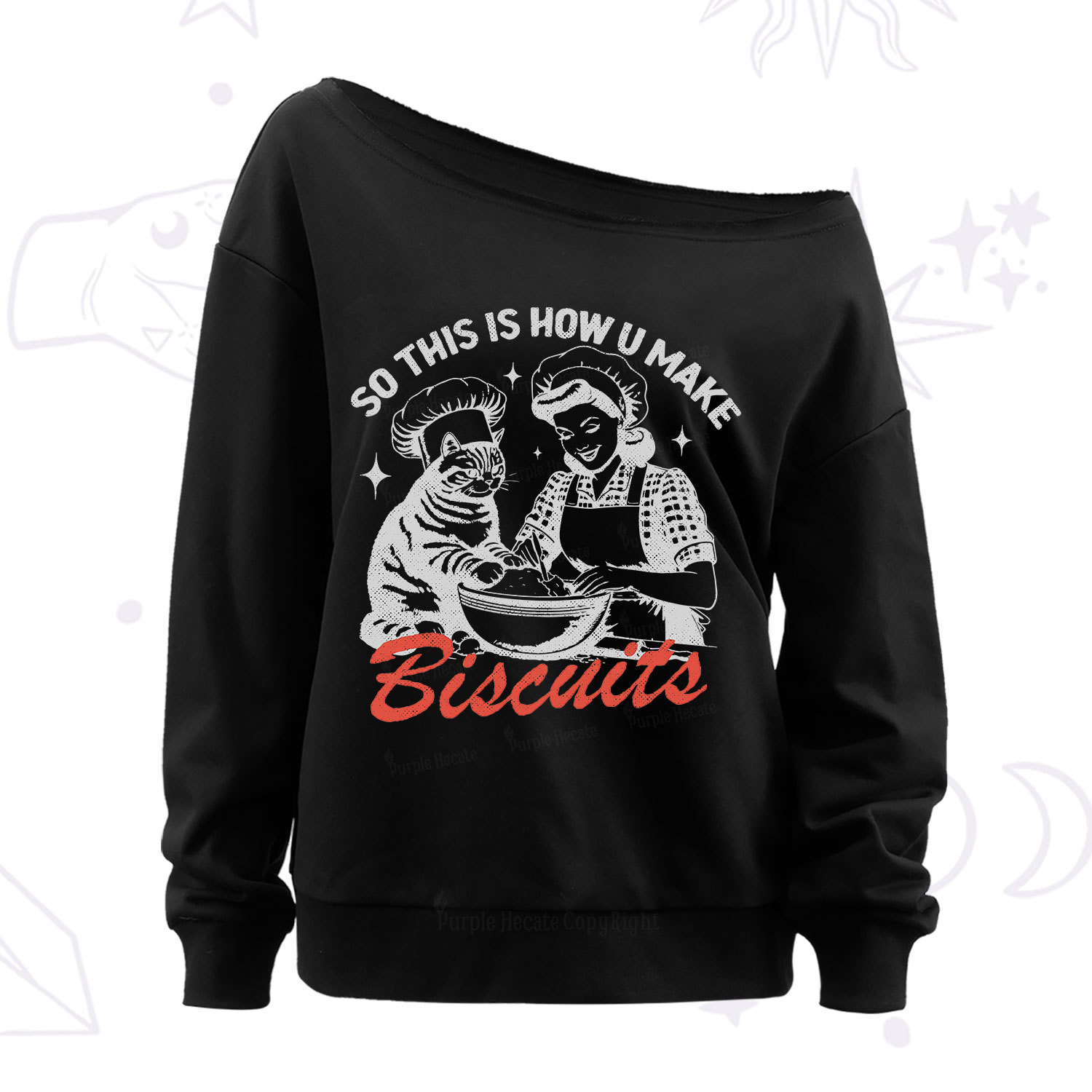 Purplehecate Funny Cat Baking Biscuits Off The Shoulder Sweatshirt
