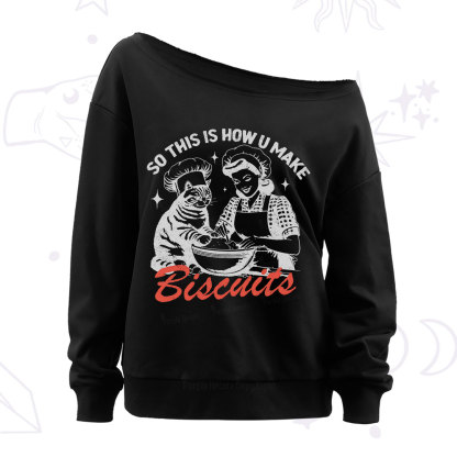 Purplehecate Funny Cat Baking Biscuits Off The Shoulder Sweatshirt
