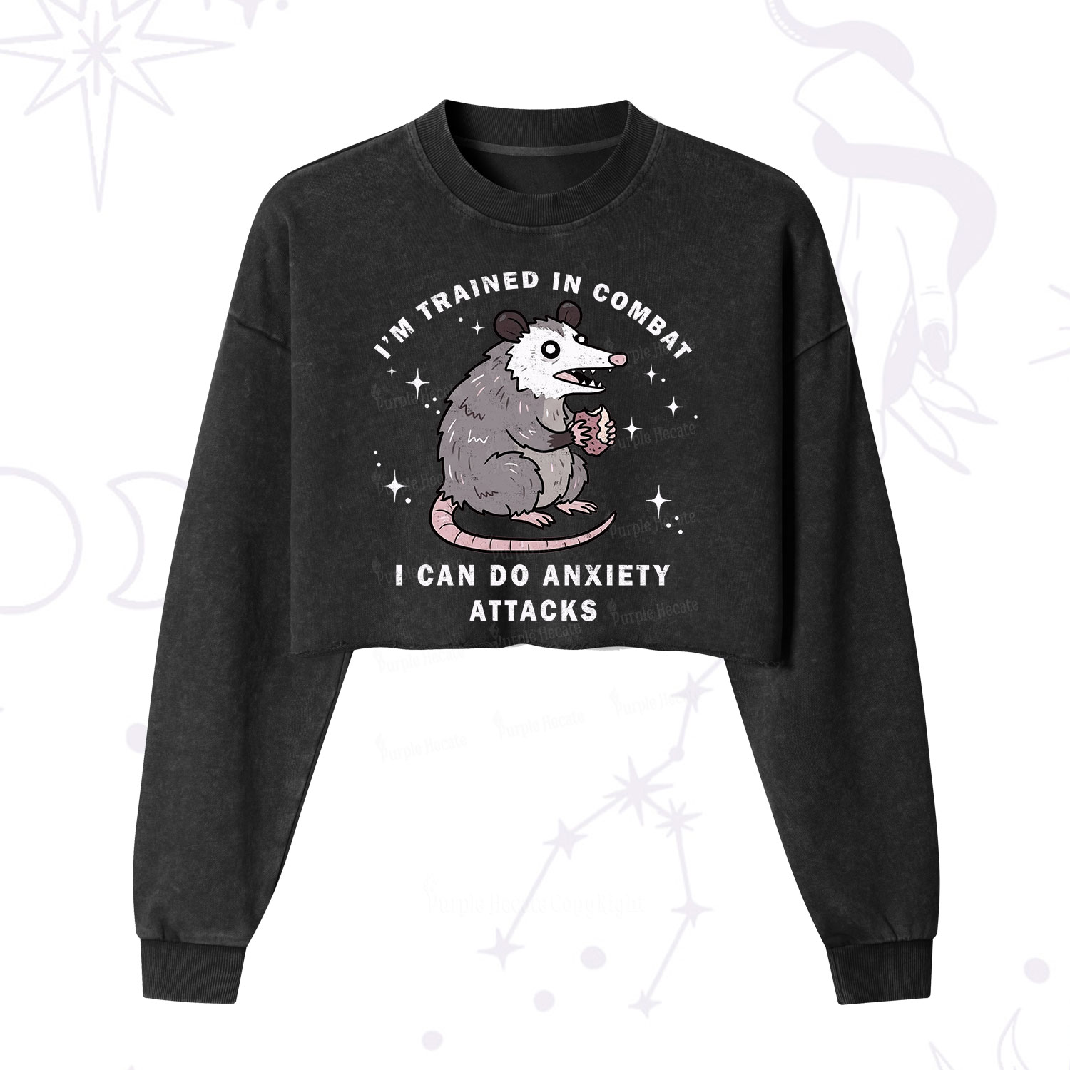 Purplehecate Anixety Attack Opossum Cropped Washed Sweatshirt