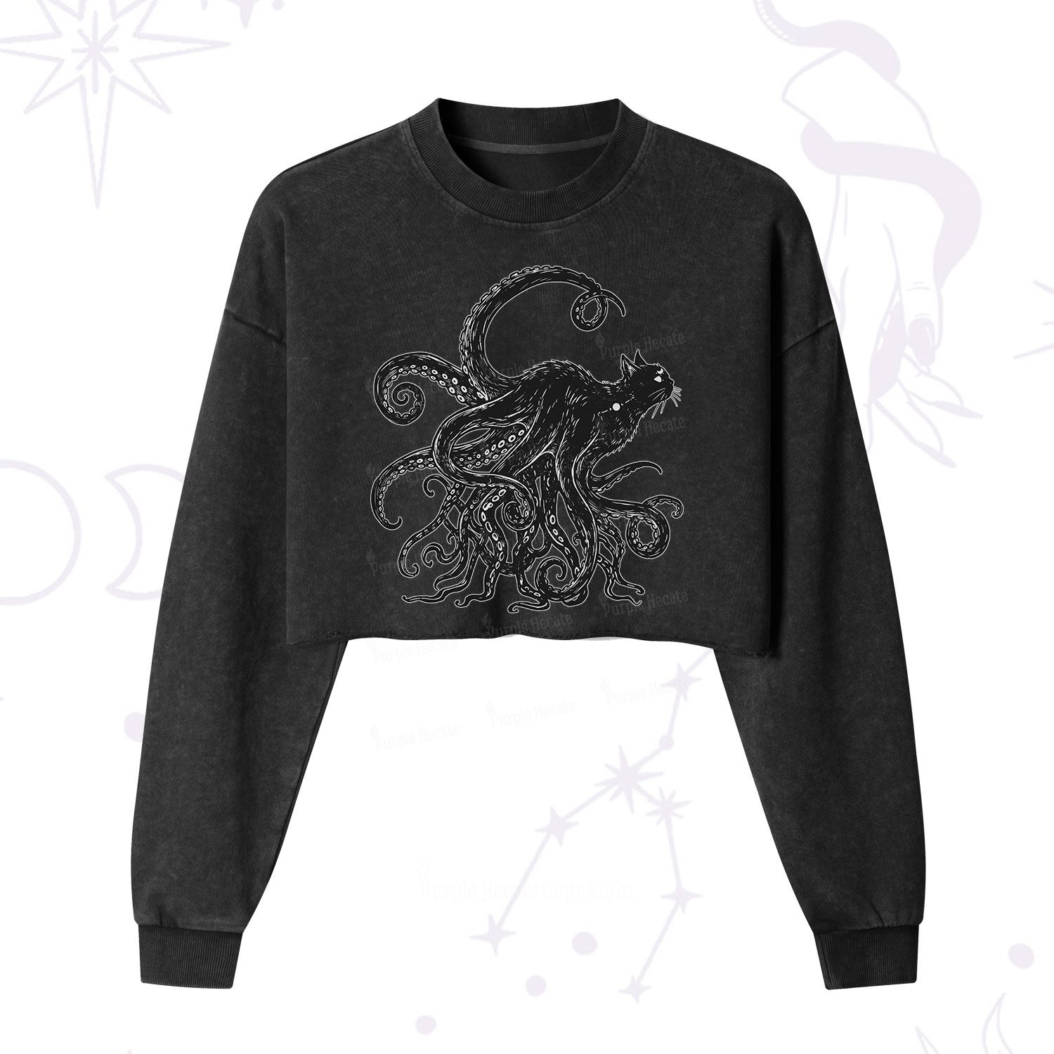 Purplehecate Black Cat with Octopus Tentacles Cropped Washed Sweatshirt