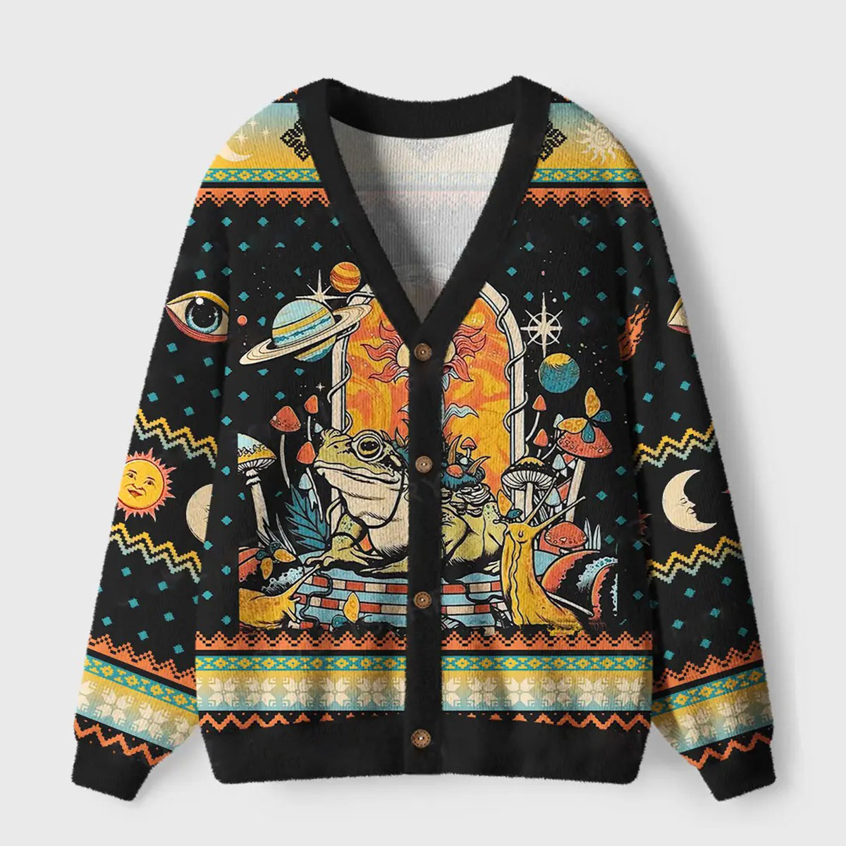 Purplehecate Frog and Mushroom Ugly Ugly Cardigan Sweaters