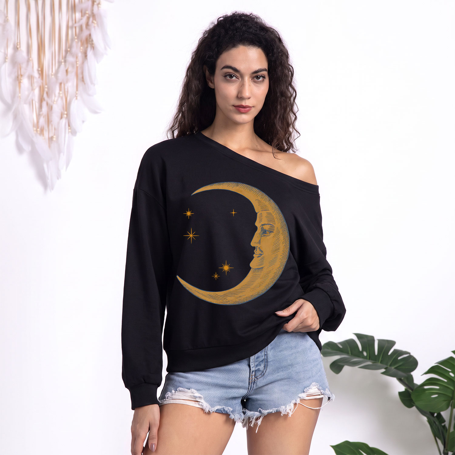 Purplehecate Celestial Moon One Shoulder Sweatshirt