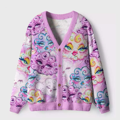 Purplehecate Dreamy Cloud Faces Ugly Cardigan Sweaters