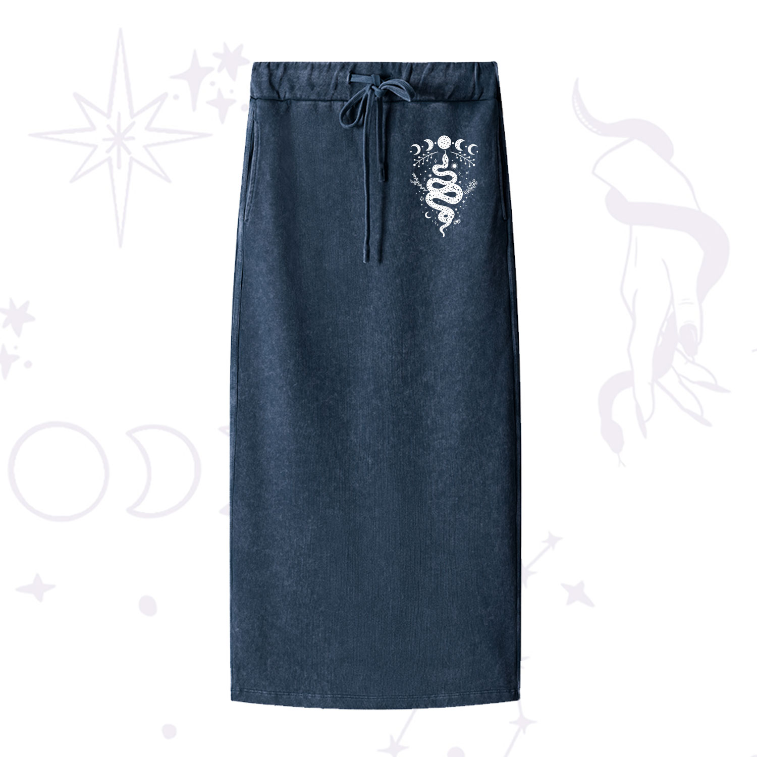 Purplehecate Snake And Moon Phase Comfort Washed Drawstring Long Skirt