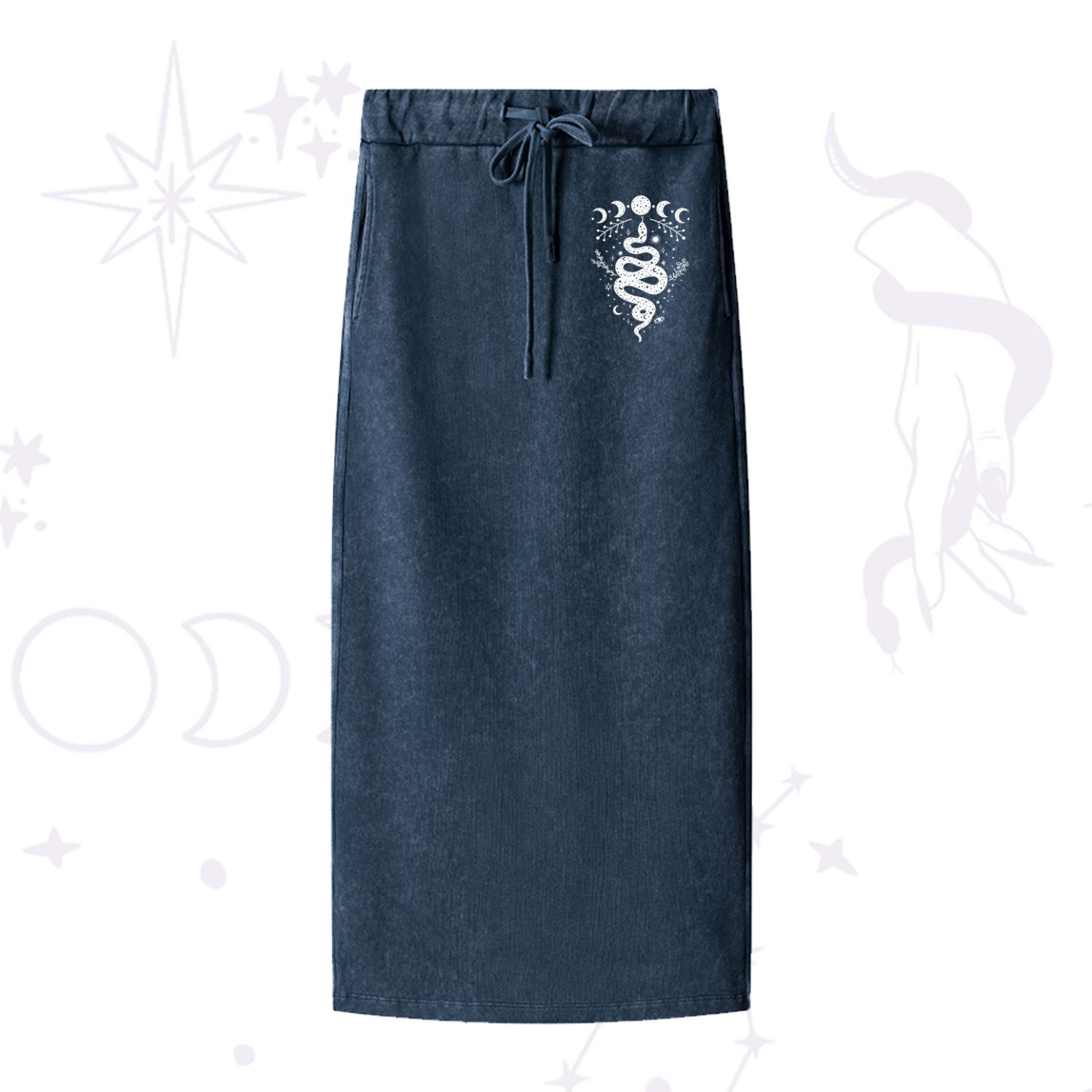 Purplehecate Snake And Moon Phase Comfort Washed Drawstring Long Skirt