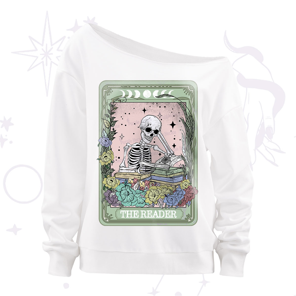 Purplehecate The Reader Bookworm Tarot Skeleton Off The Shoulder Sweatshirt