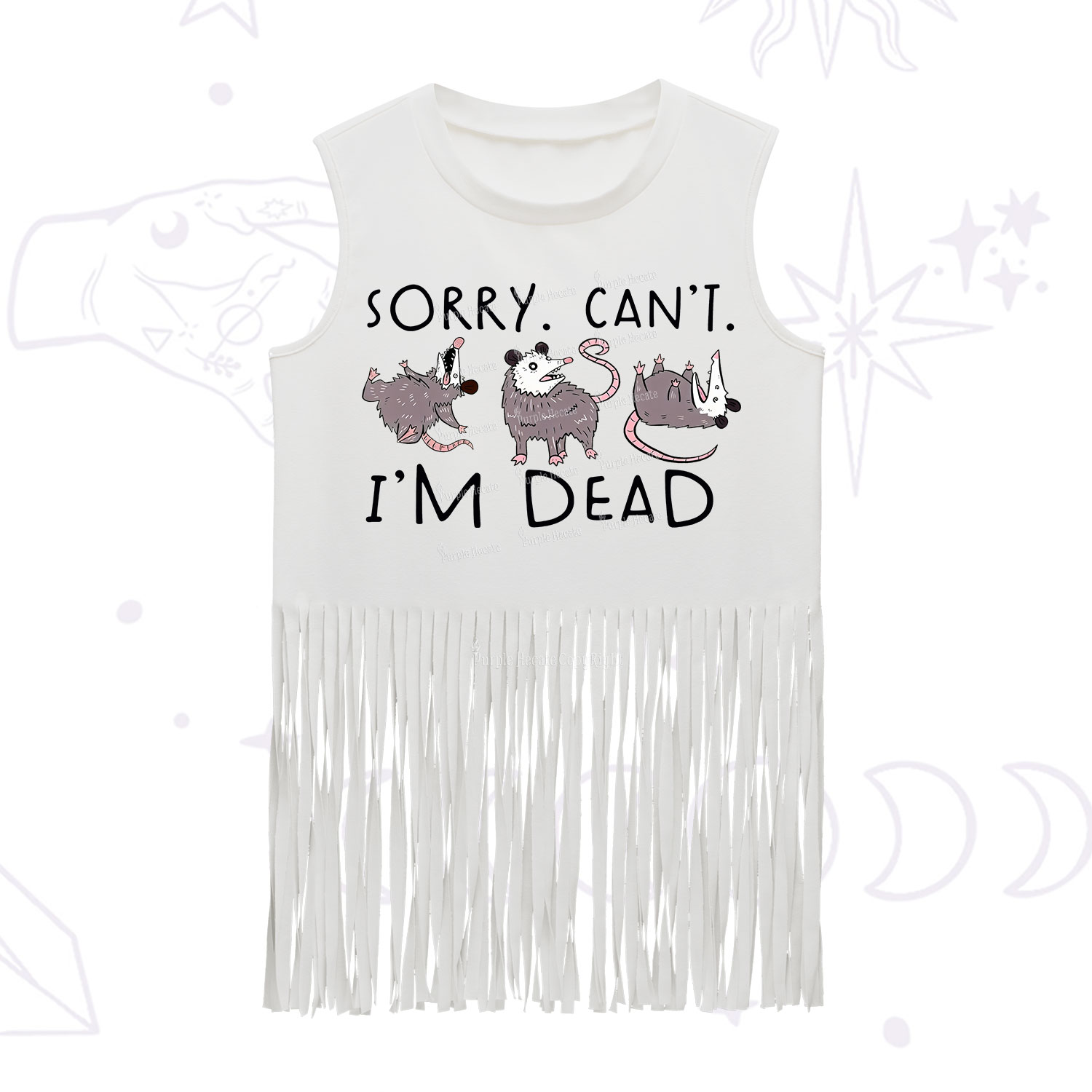 Purplehecate Funny Possum Sorry I Can't I'm Dead Fringe Tank Top