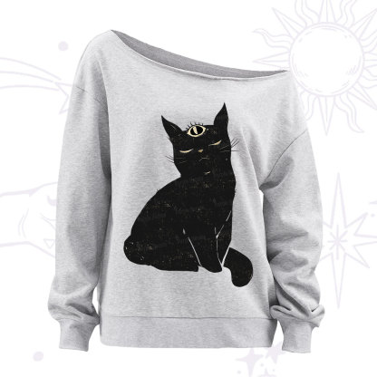 Purplehecate Third Eye Black Cat Off The Shoulder Sweatshirt