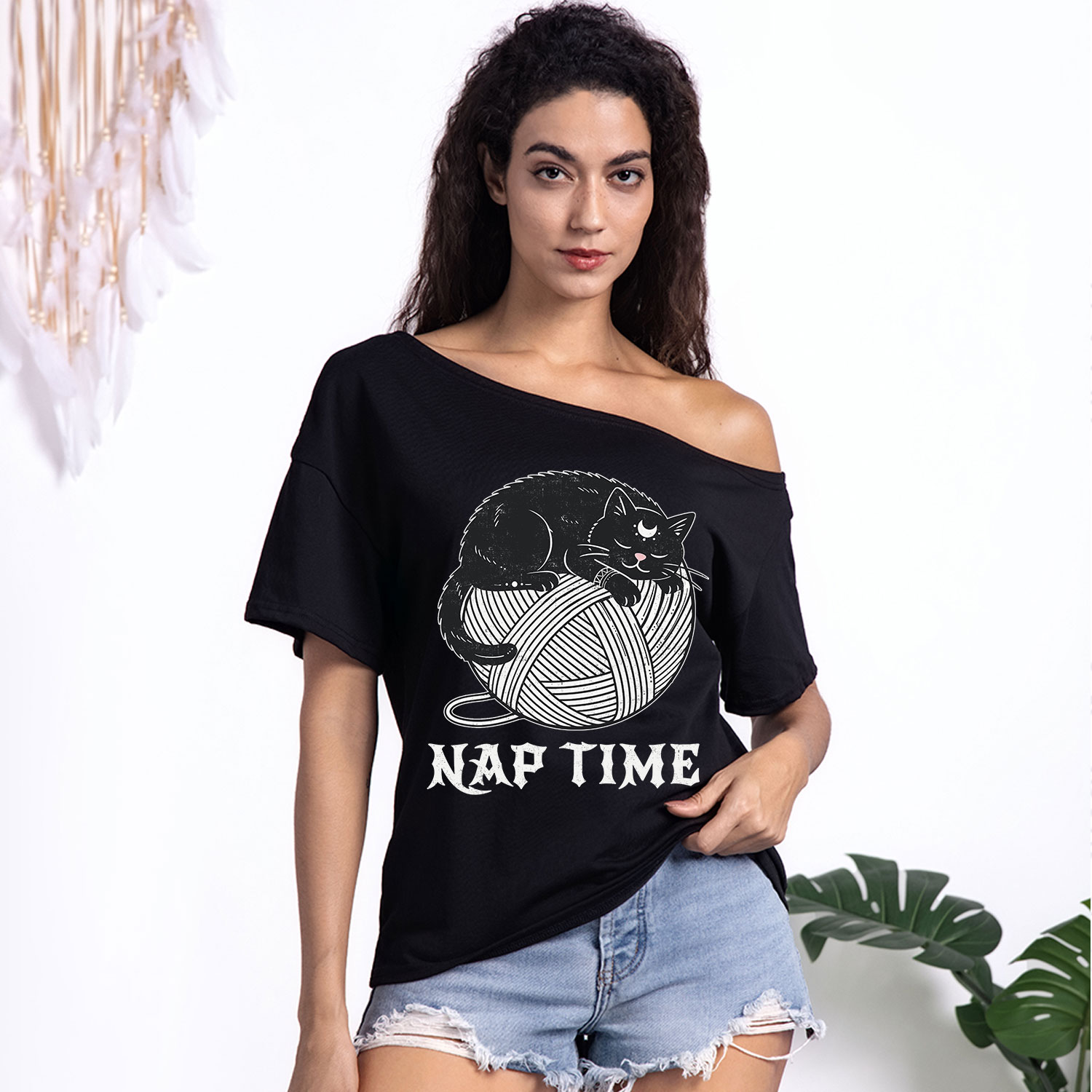 Purplehecate Nap Time Cat One Shoulder T-Shirt