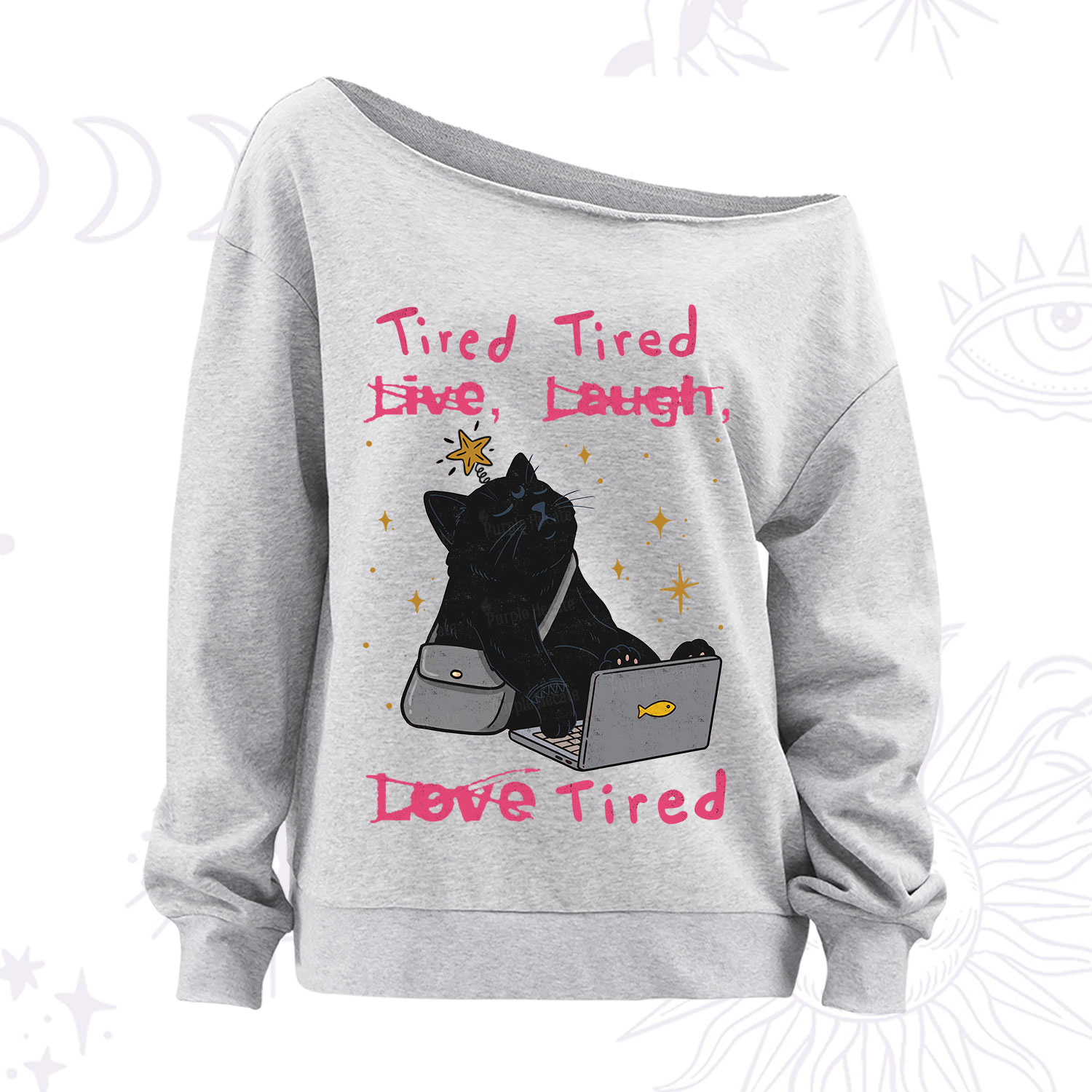 Purplehecate Tired Cat Off The Shoulder Sweatshirt
