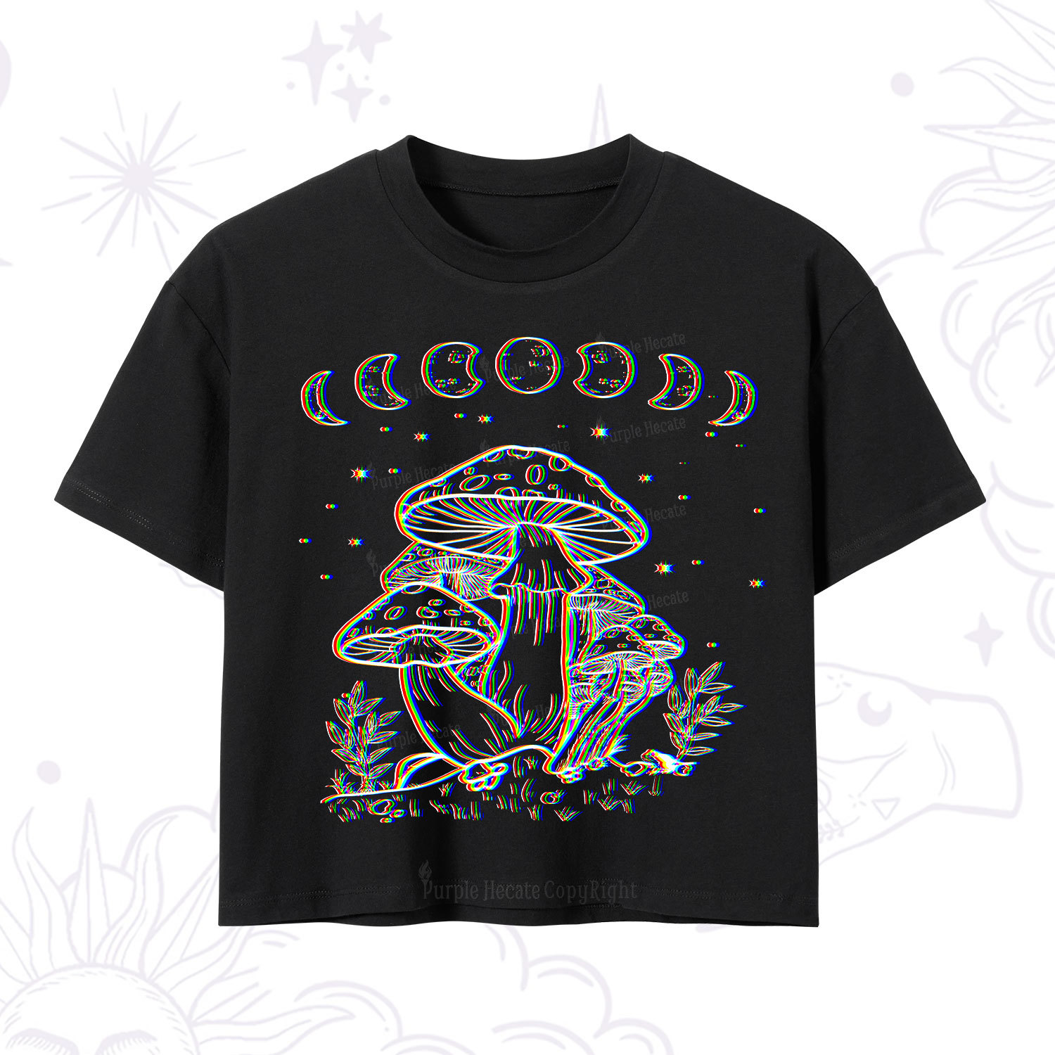 Purplehecate Mushroom and Moon Crop T-Shirt