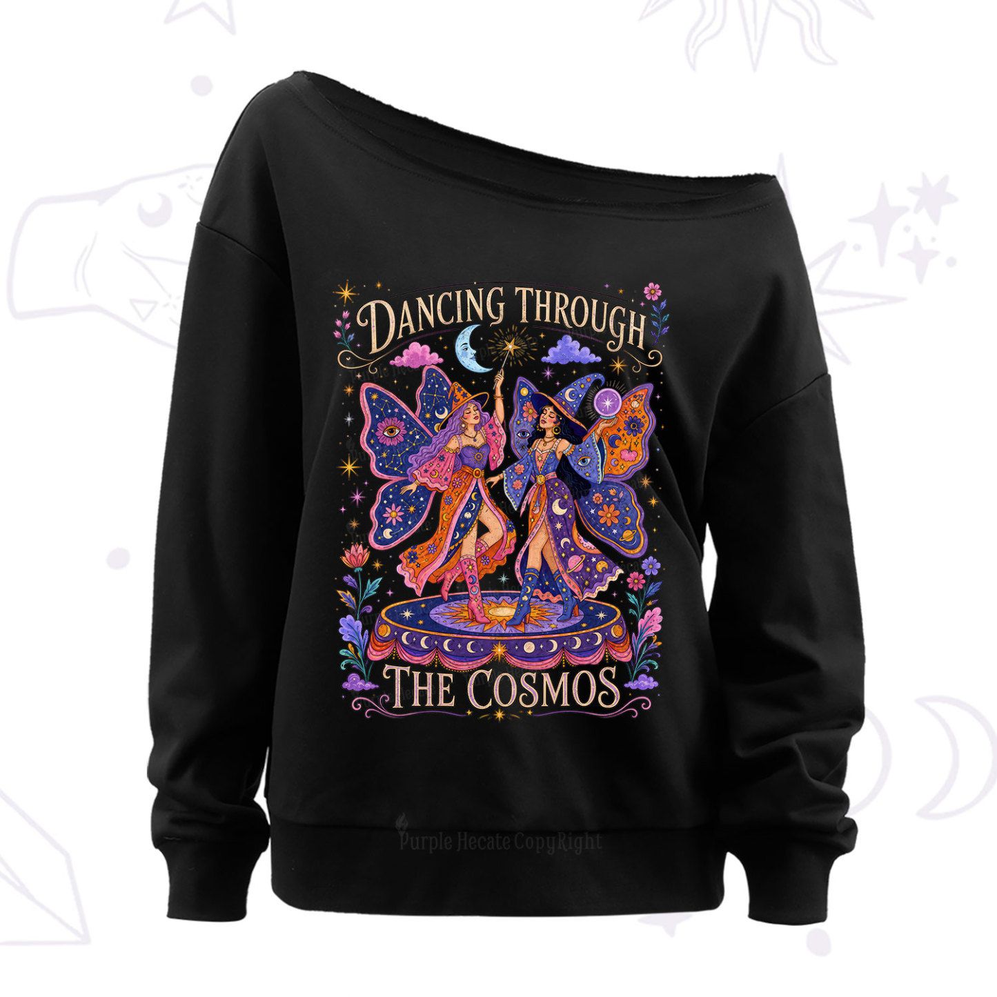Purplehecate Dancing Through the Cosmos Off The Shoulder Sweatshirt