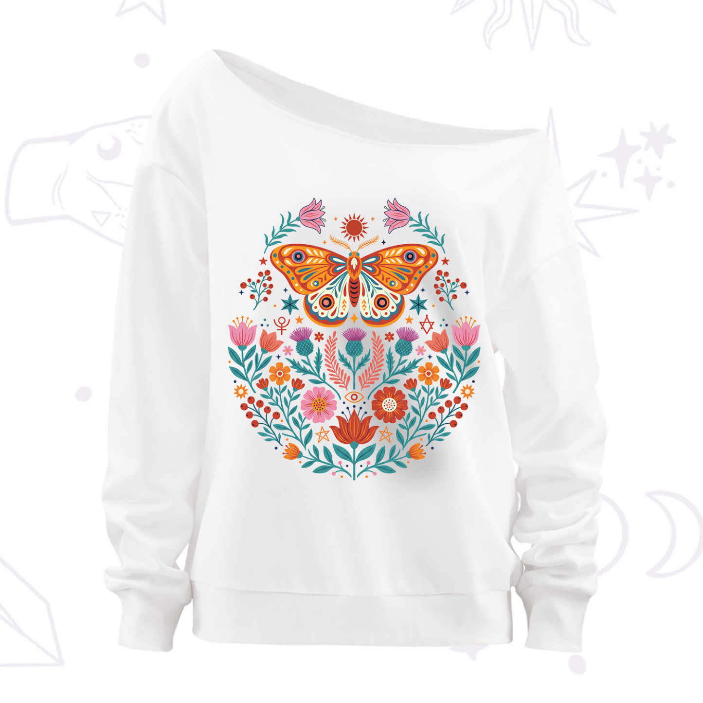 Purplehecate Boho Colorful Celestial Moth Off The Shoulder Sweatshirt
