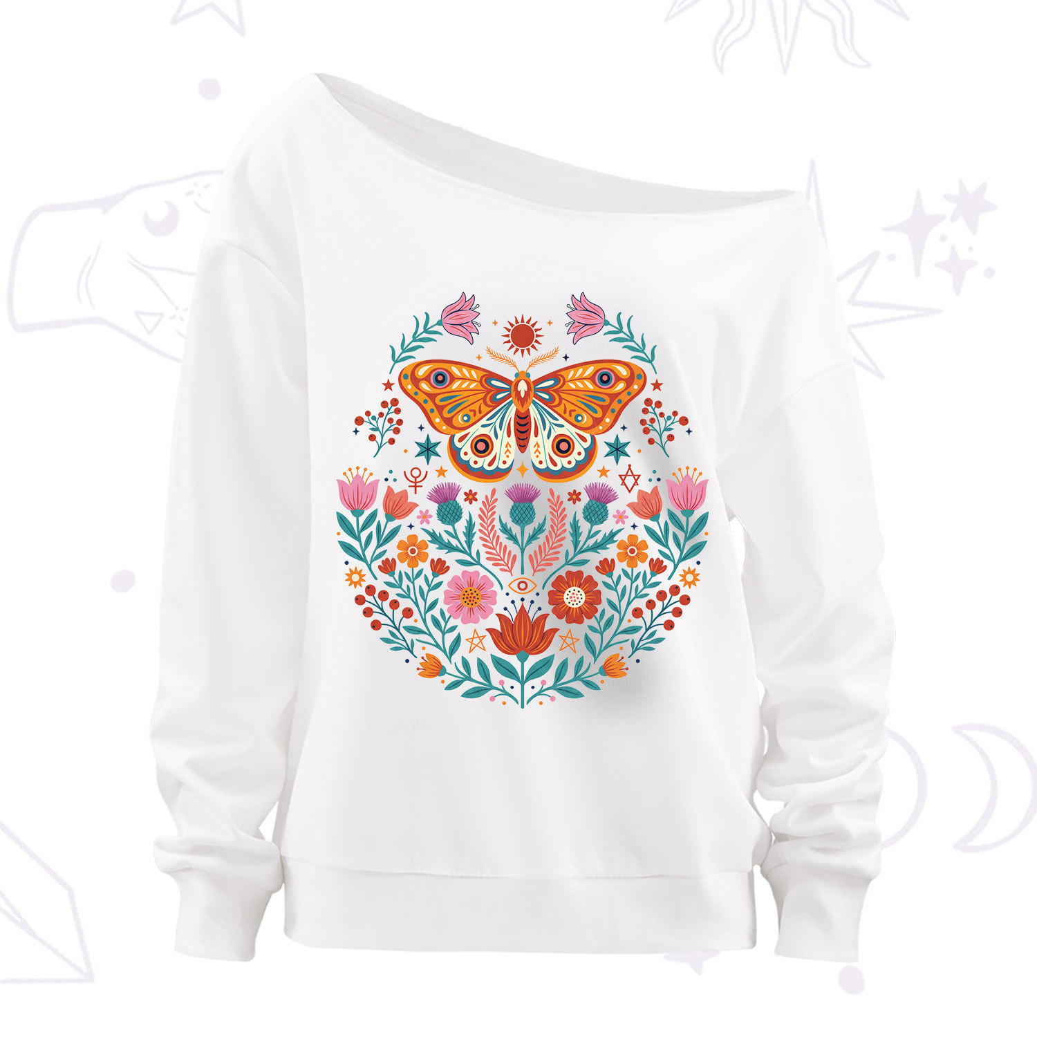 Purplehecate Boho Colorful Celestial Moth Off The Shoulder Sweatshirt