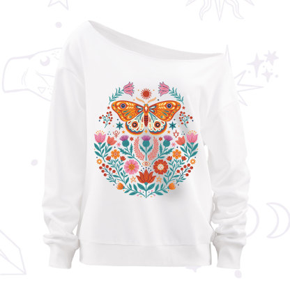 Purplehecate Boho Colorful Celestial Moth Off The Shoulder Sweatshirt
