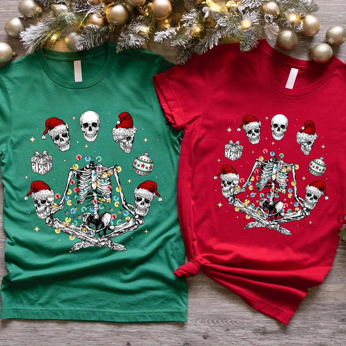 Purplehecate Skeleton Heads Christmas Couple T-Shirts