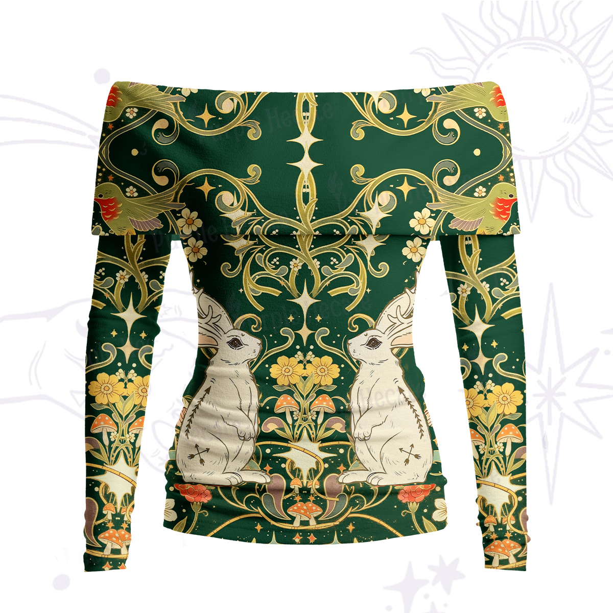 Purplehecate Antlered White Rabbit Secret Forest Off Shoulder Long Sleeve Knit Top