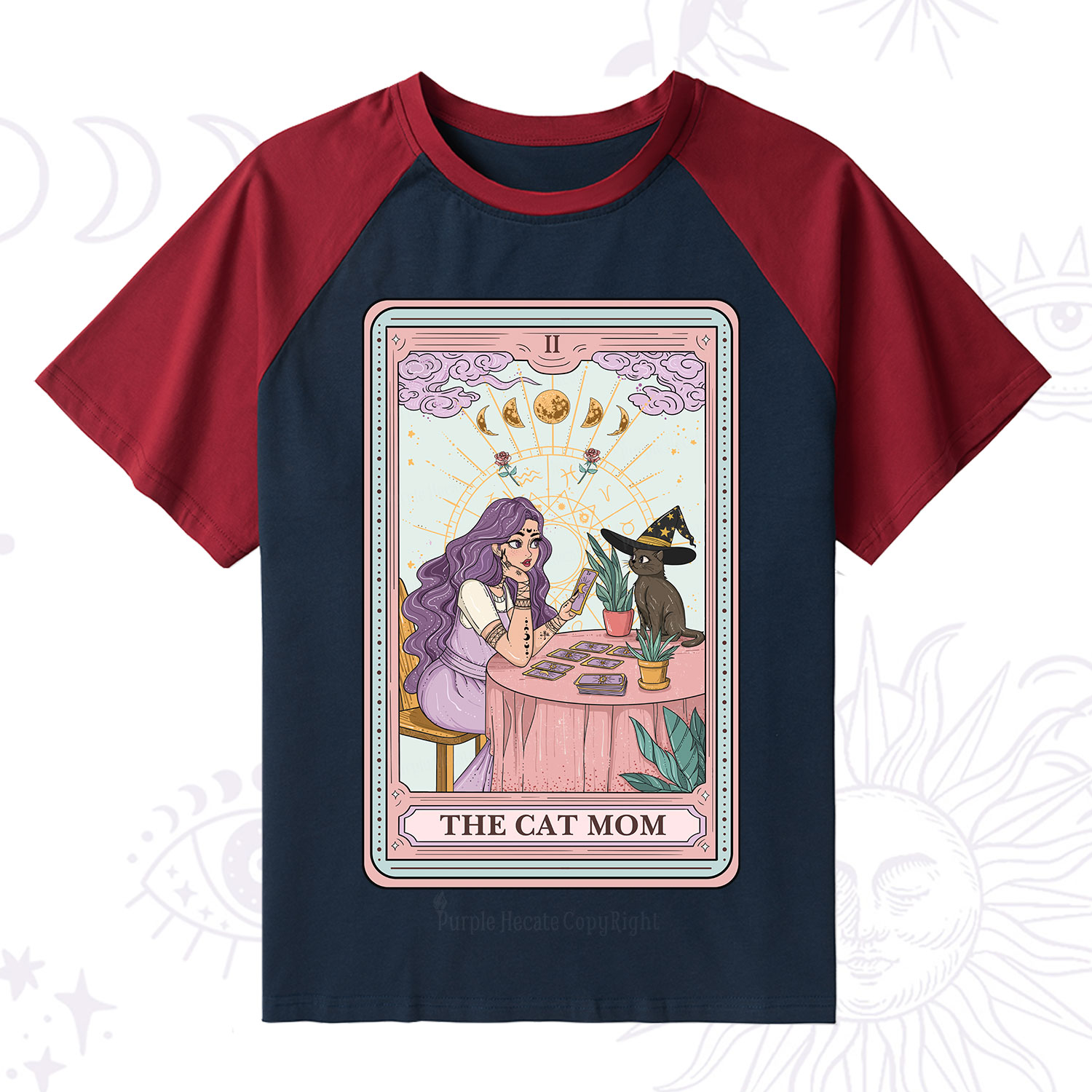 Purplehecate The Witchy Cat Mom Tarot Raglan Short Sleeve T‑Shirt