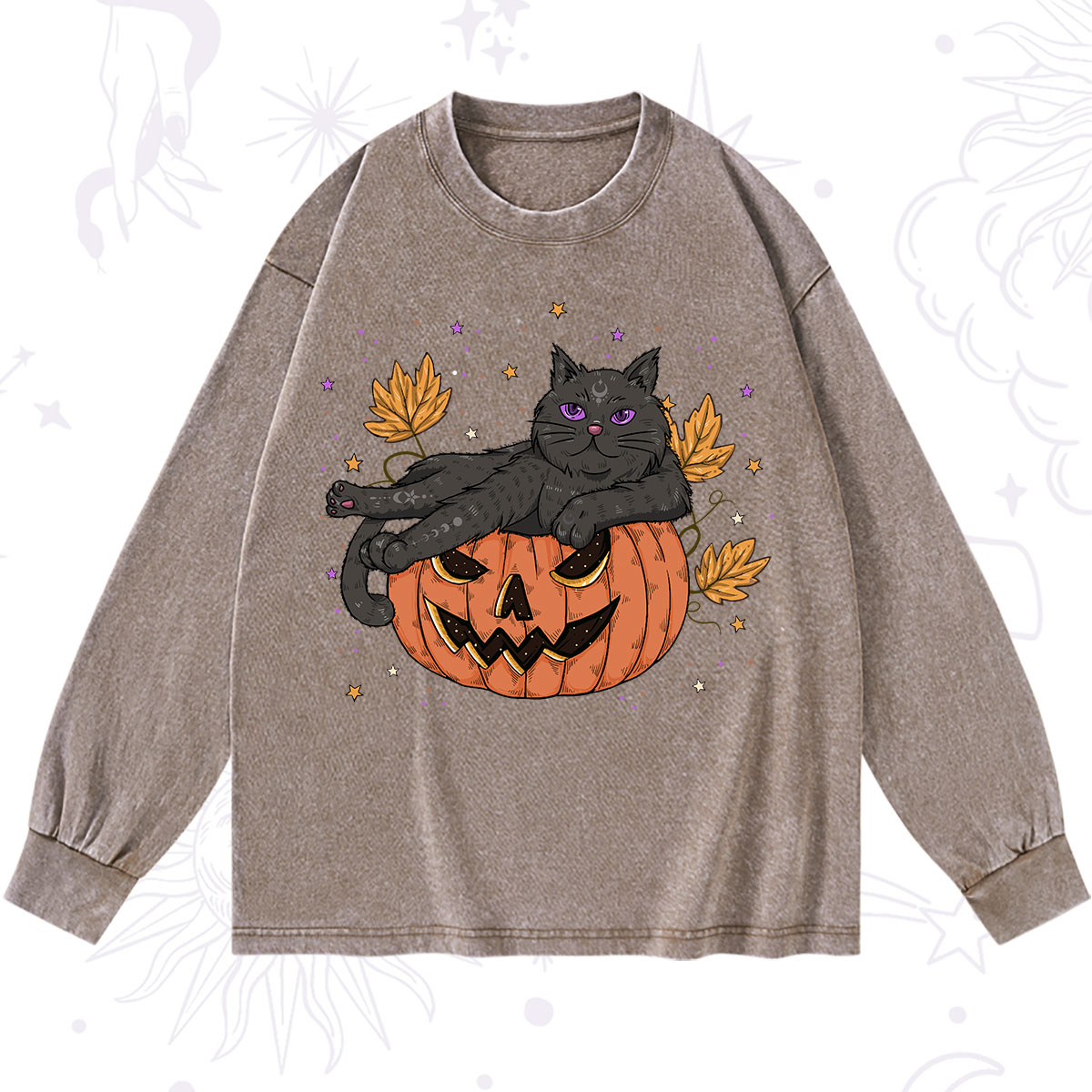 Purplehecate Pumpkin Throne of the Witch Cat Washed Long Sleeve Shirt