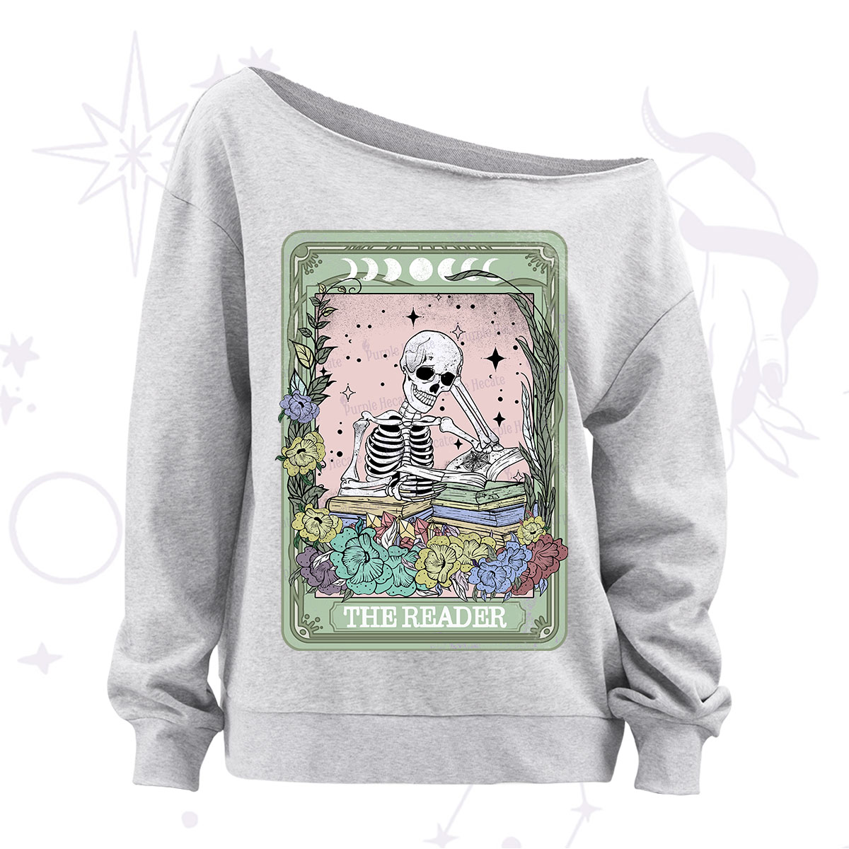 Purplehecate The Reader Bookworm Tarot Skeleton Off The Shoulder Sweatshirt